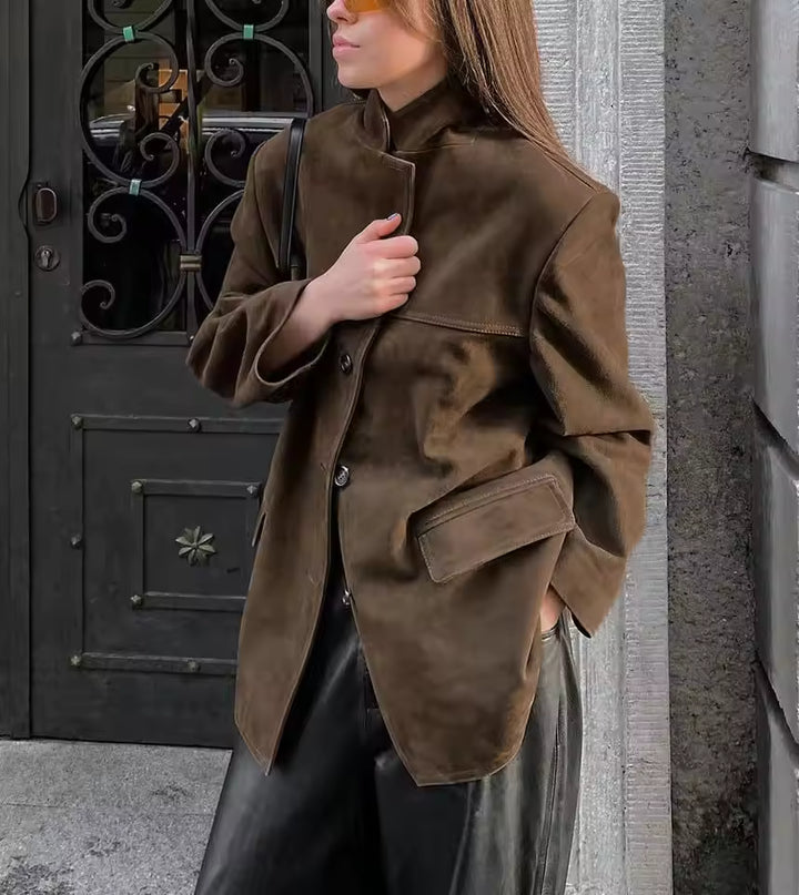 Women's Suede Longline Blazer Jacket with Notched Lapels