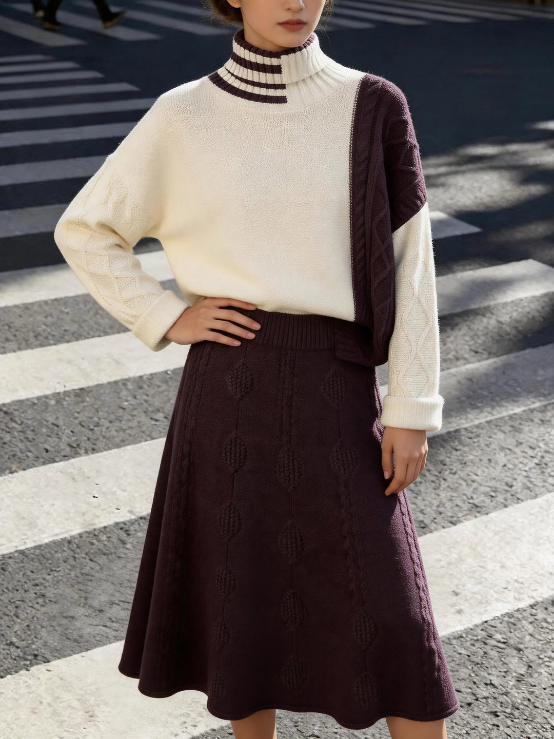 Women's Knit Set with Striped Turtleneck