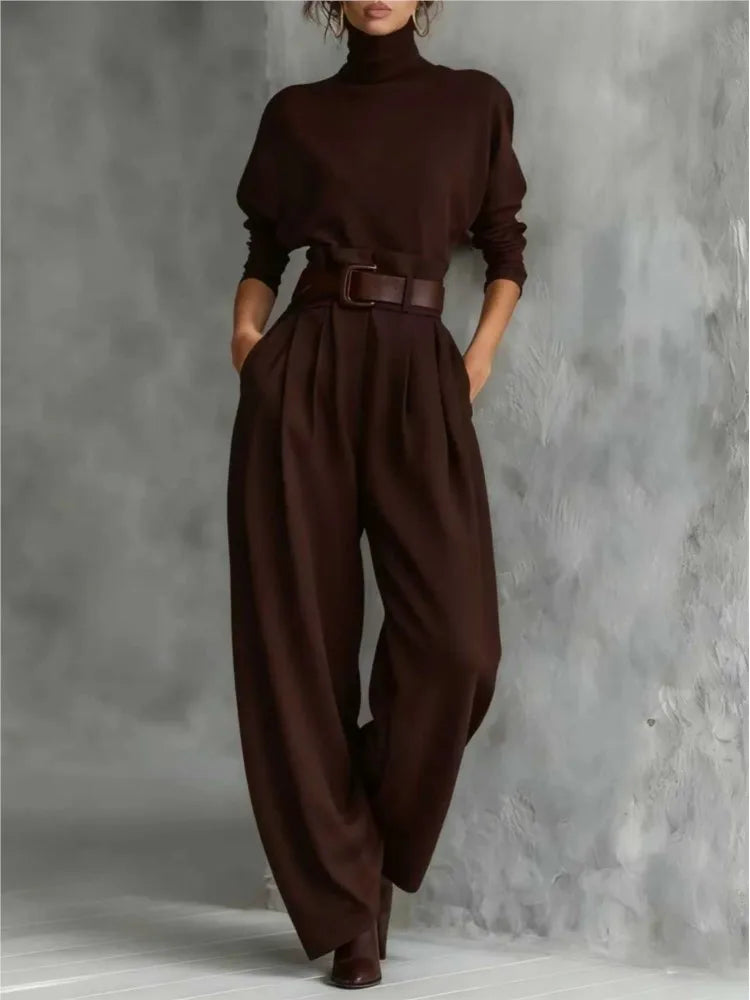 Women's Turtleneck Top and Belted Skirt Set