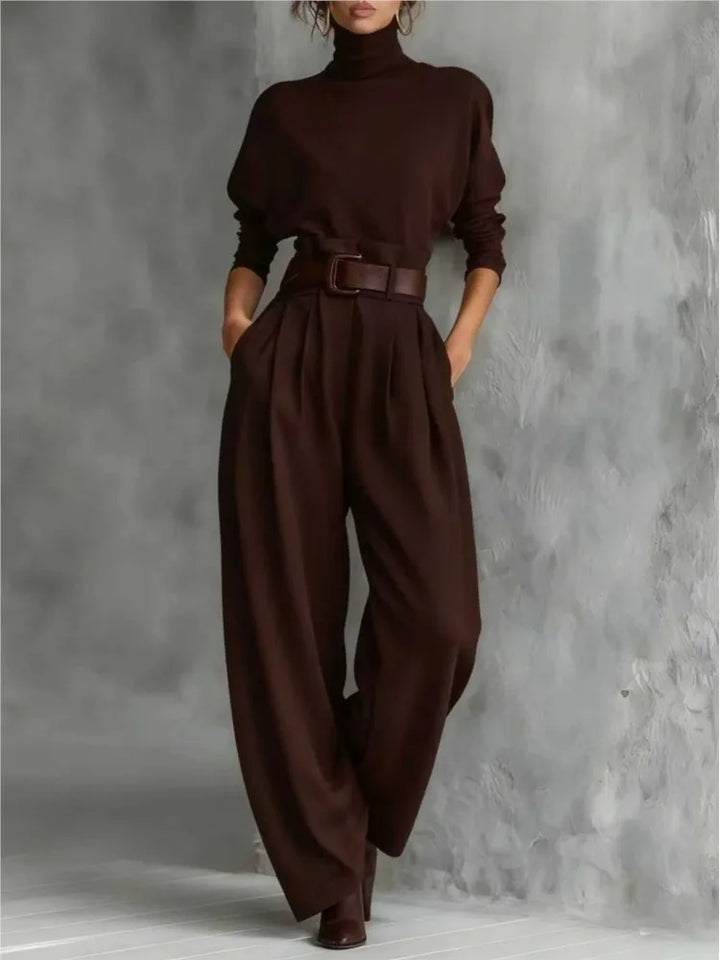 Women's Turtleneck Top and Belted Skirt Set