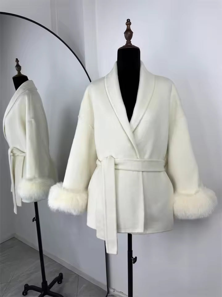 Women's Wool Blend Short Coat with Faux Fur Collar and Cuffs