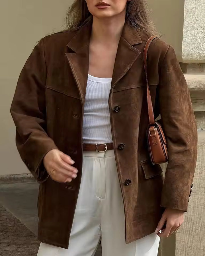 Women's Suede Longline Blazer Jacket with Notched Lapels