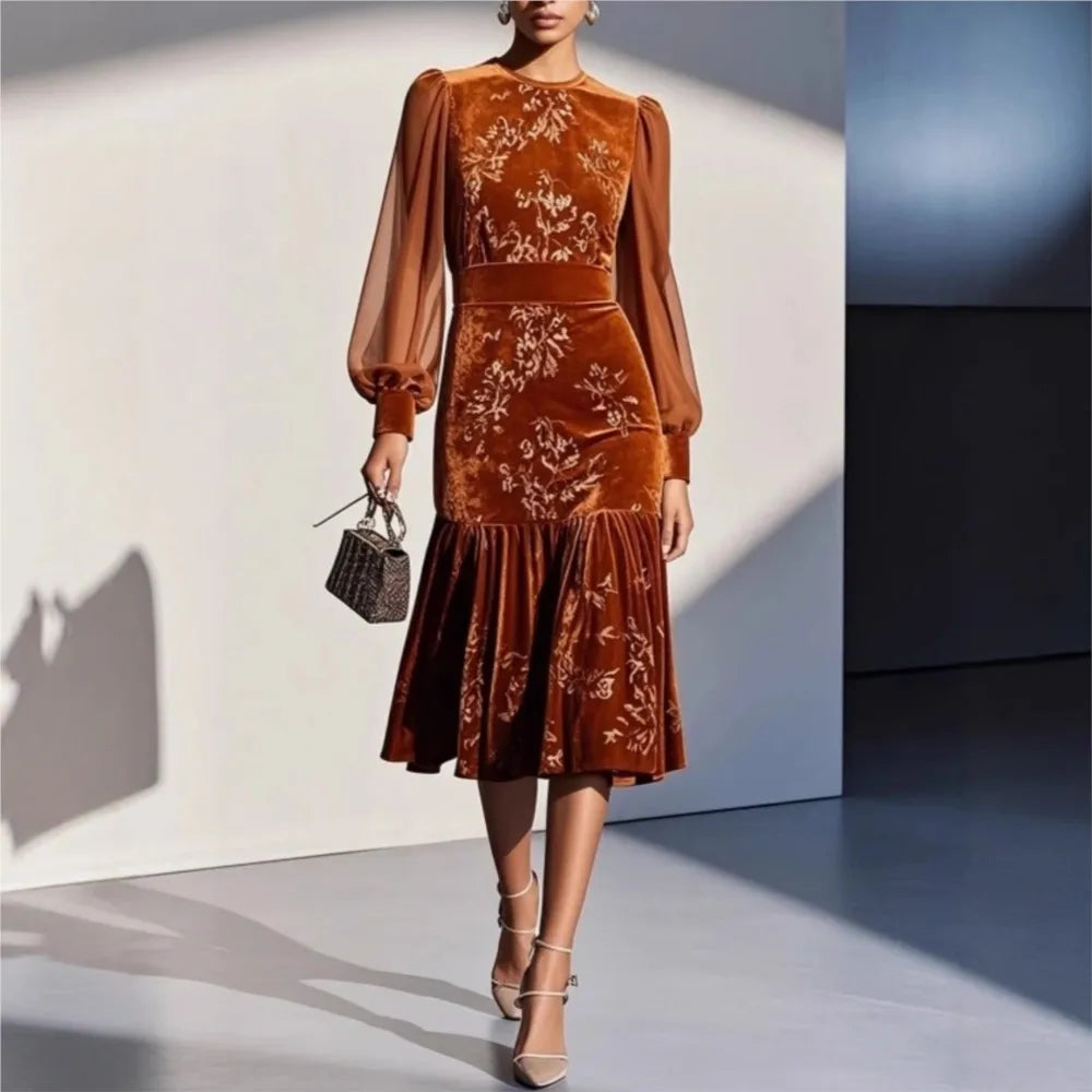 Women's Velvet Dress with Lantern Sleeves