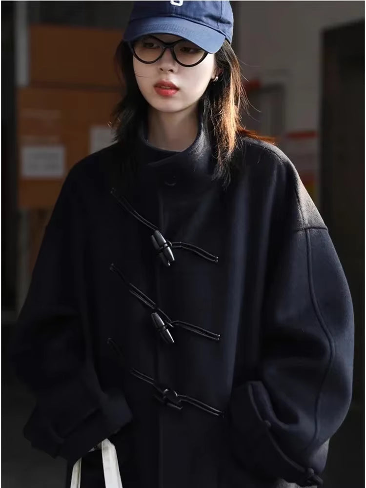 Women's Longline Wool Blend Coat with Toggle Button Front