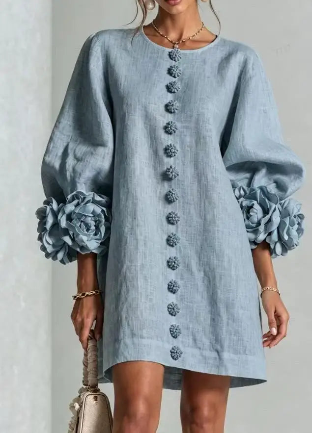 Women's Cotton Linen Mini Dress with Lantern Sleeves