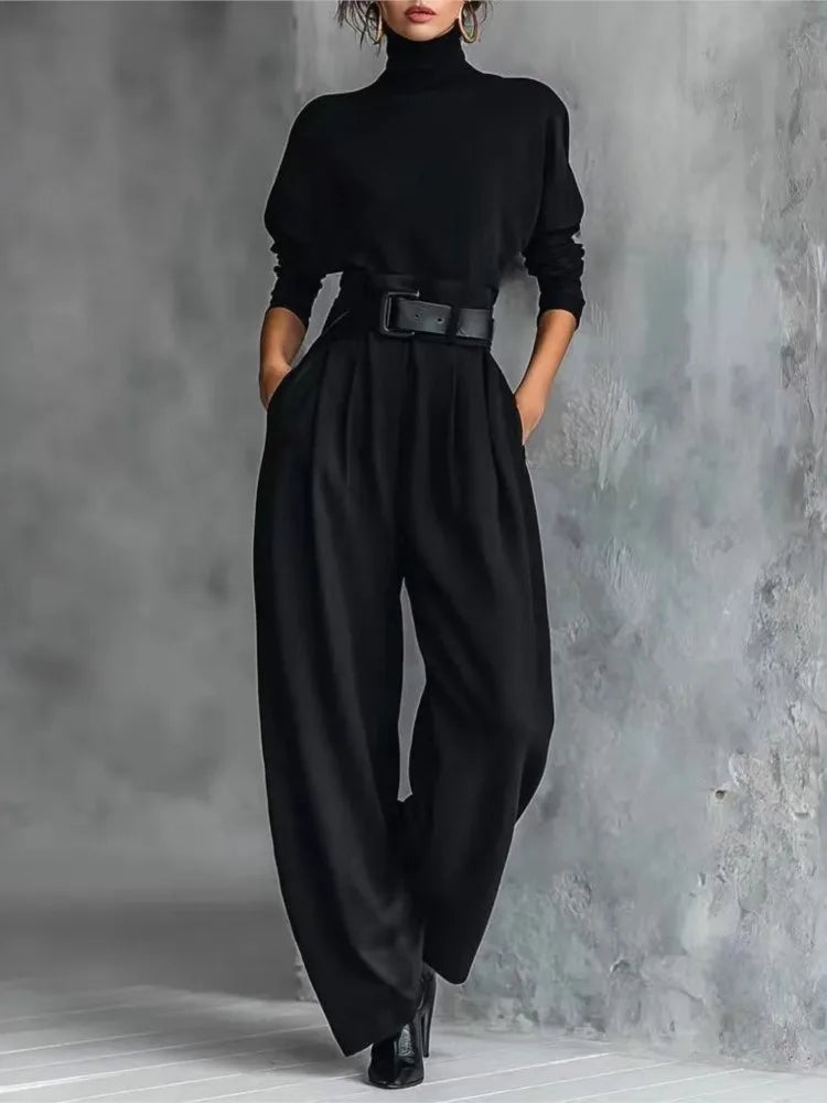 Women's Turtleneck Top and Belted Skirt Set