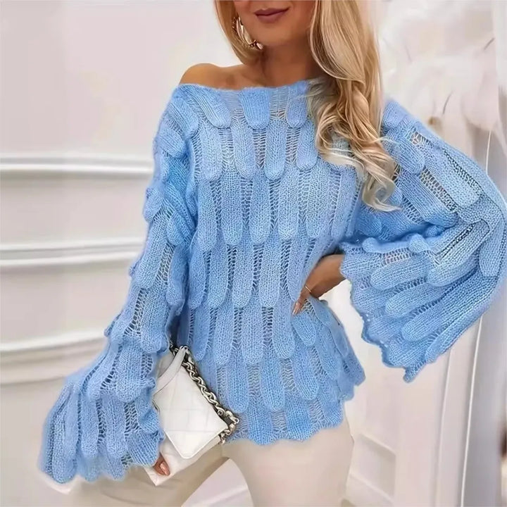 Women's Feather Knit Slash Neck Pullover Top