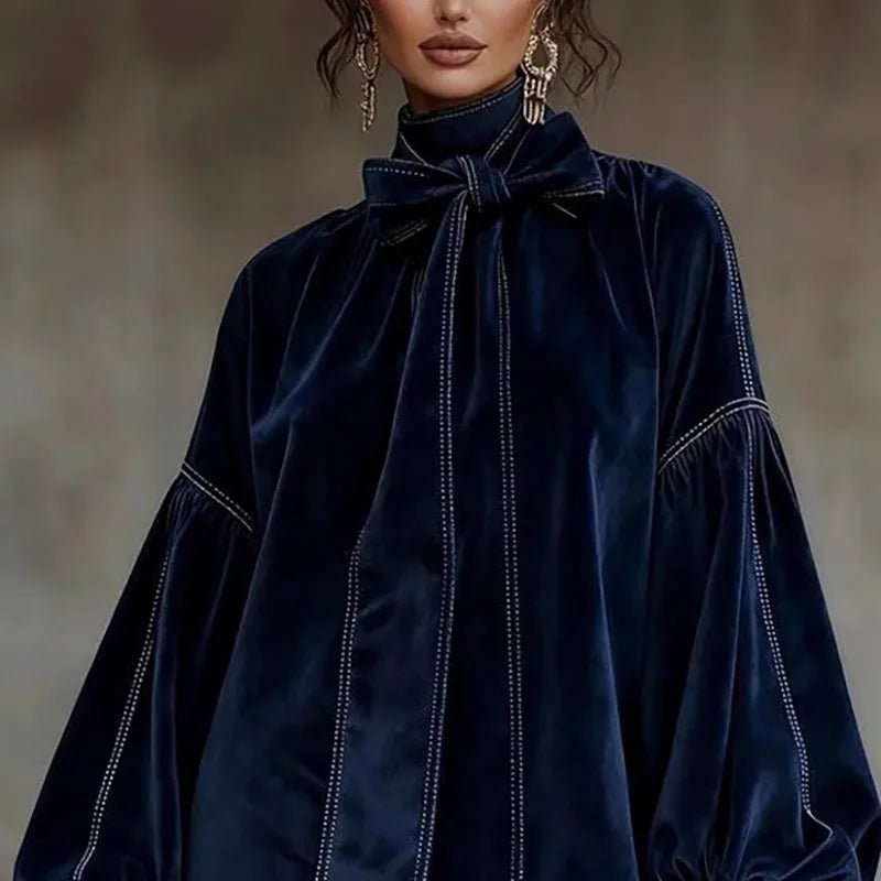 Women's Velvet Turtleneck Mini Dress with Bow