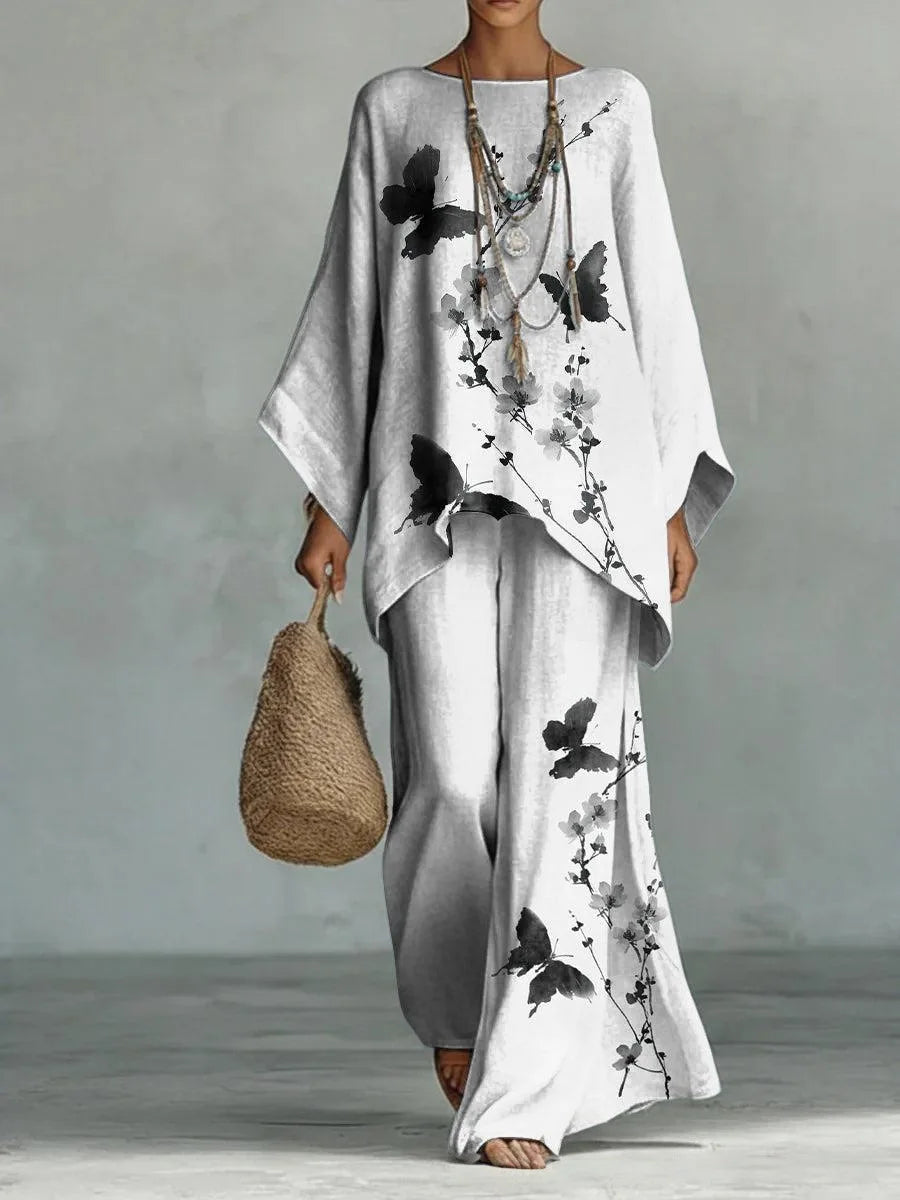 Women's Printed Top and Wide Leg Trousers Set
