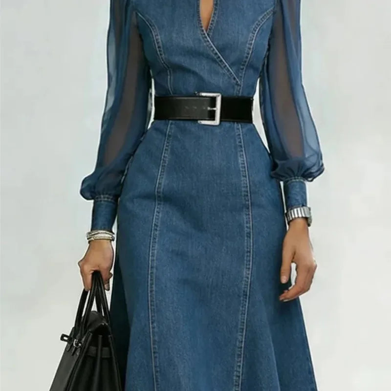 Women's Denim Midi Dress with Tulle Sleeves