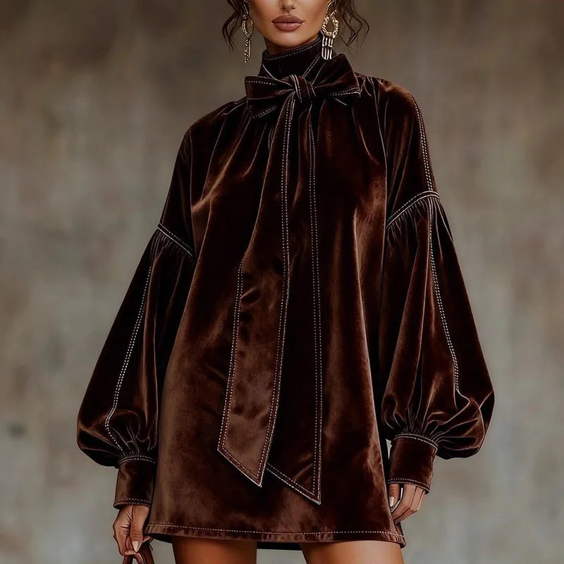 Women's Velvet Turtleneck Mini Dress with Bow