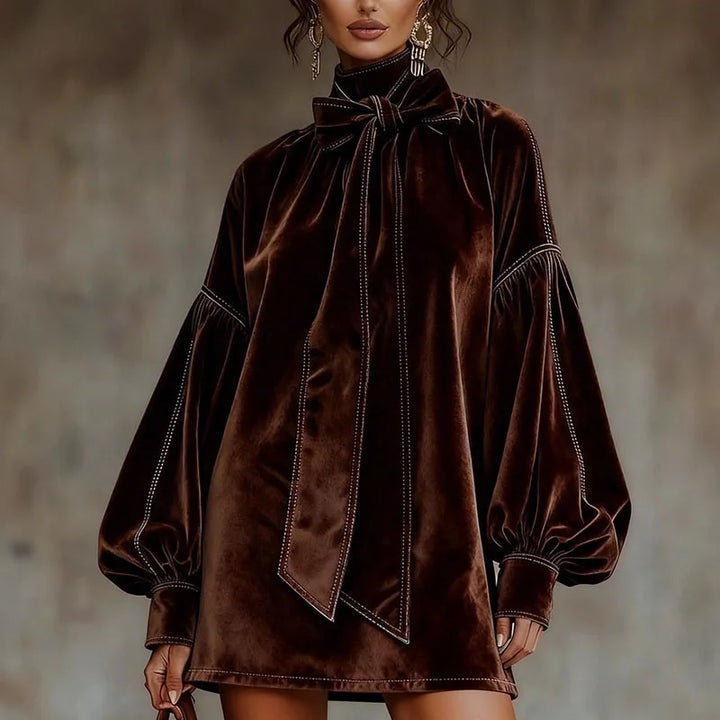Women's Velvet Turtleneck Mini Dress with Bow