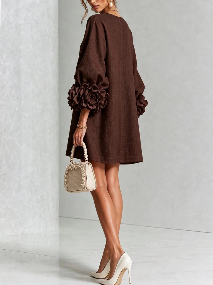 Women's Cotton Linen Mini Dress with Lantern Sleeves
