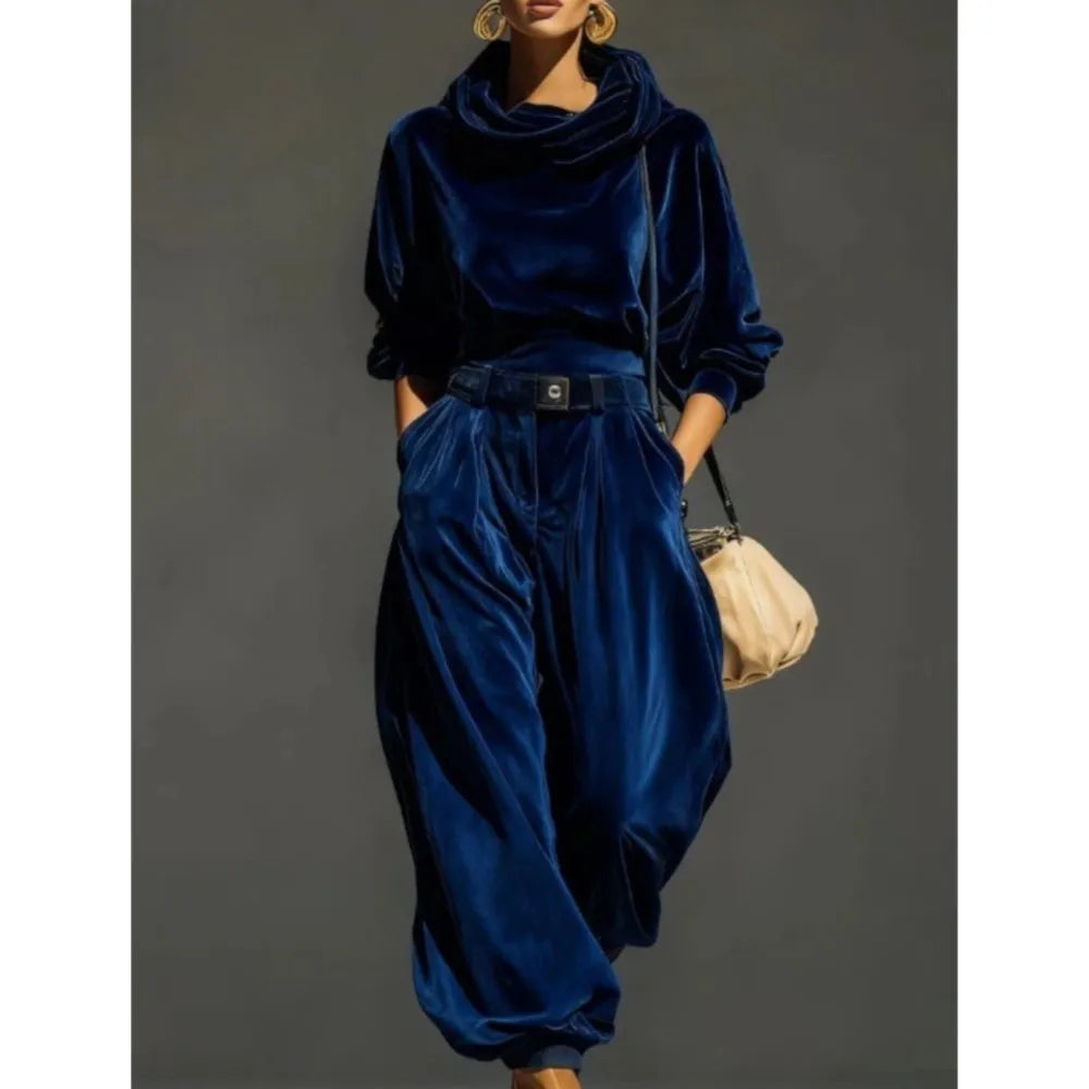 Women's Velvet Hoodie and Trousers Two Piece Set