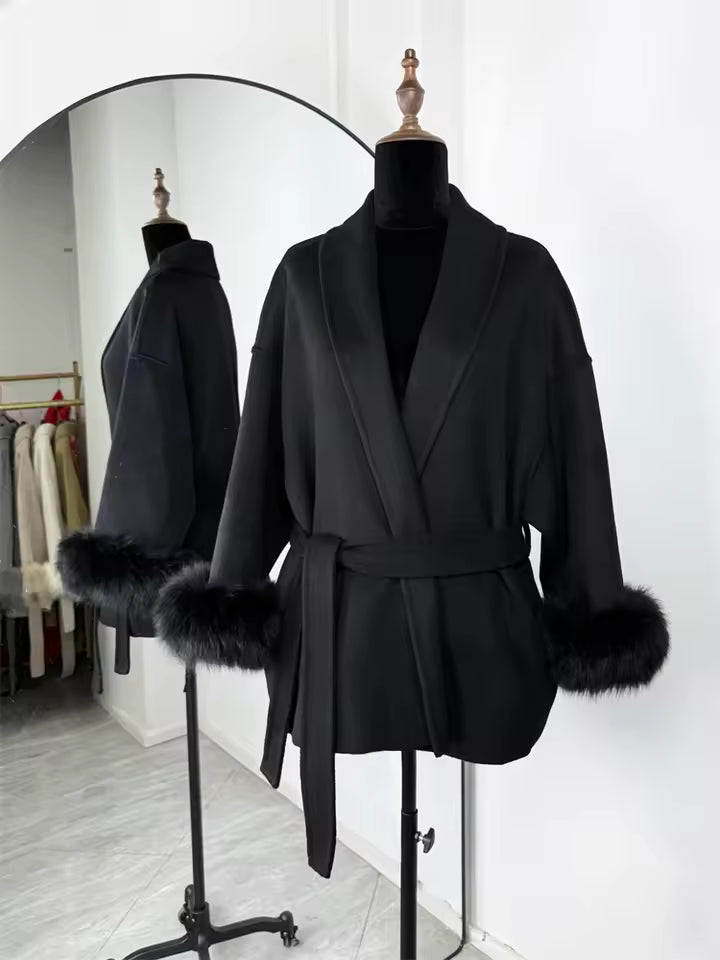 Women's Wool Blend Short Coat with Faux Fur Collar and Cuffs