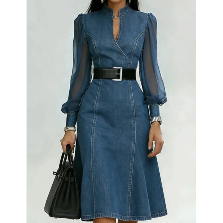 Women's Denim Midi Dress with Tulle Sleeves