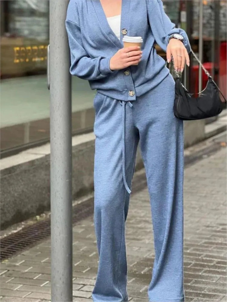 Women's Knit Cardigan and Trousers Two Piece Set