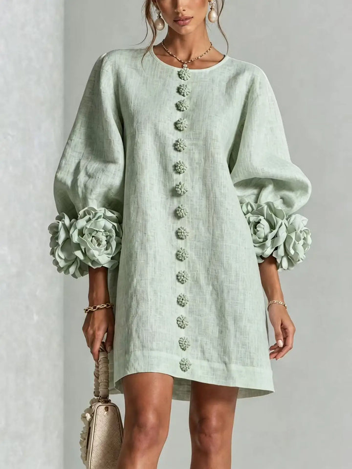 Women's Cotton Linen Mini Dress with Lantern Sleeves