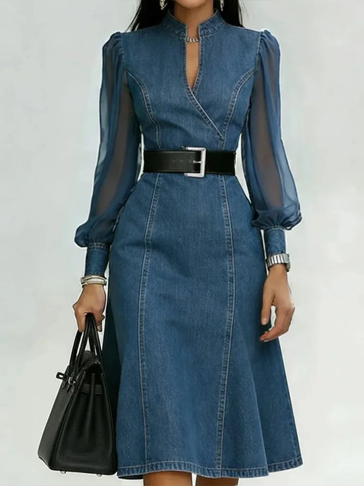 Women's Denim Midi Dress with Tulle Sleeves