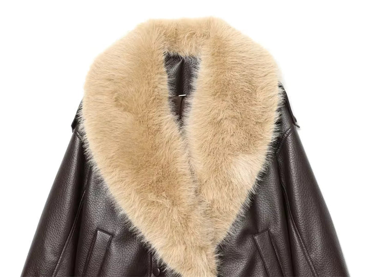 Women's Oversized Fur Collar Jacket — Brown