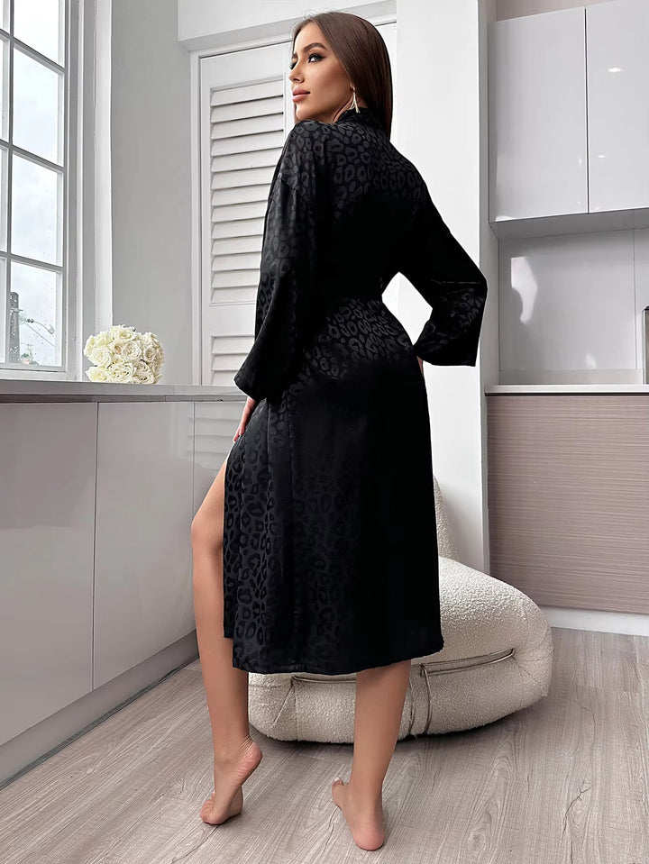 Women's Black Leopard Print Satin Bathrobe Belt