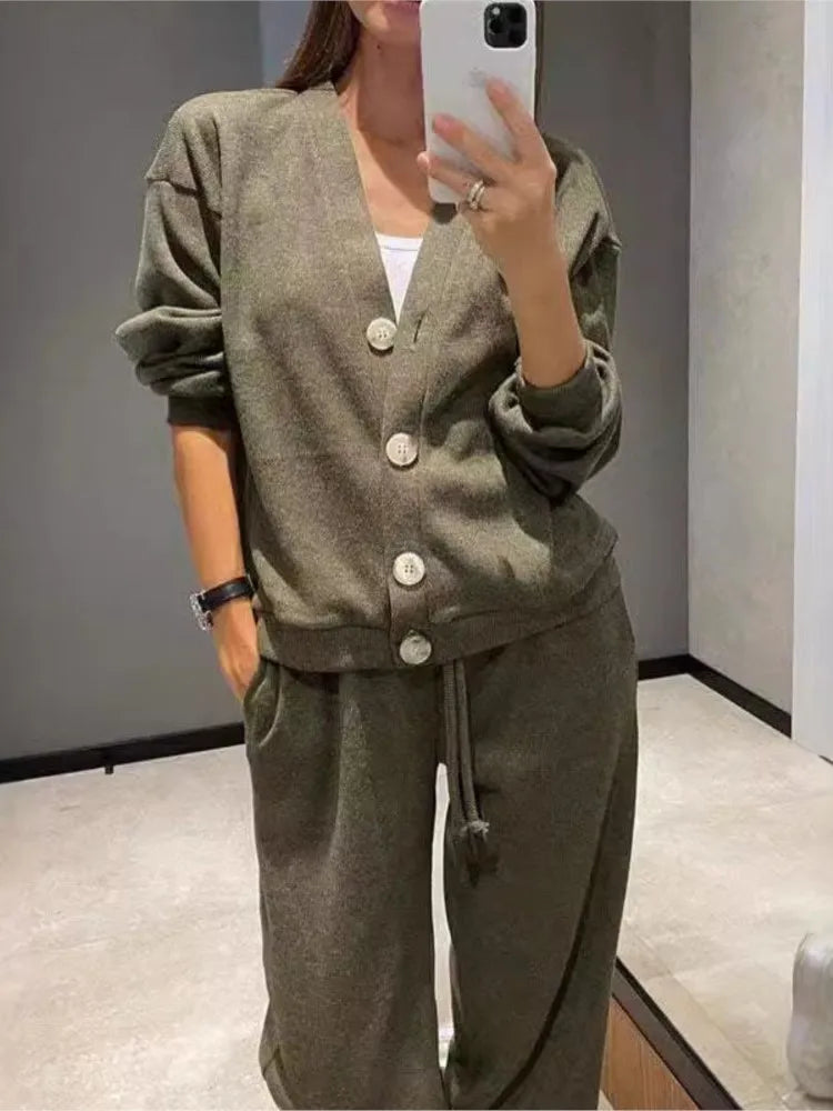Women's Knit Cardigan and Trousers Two Piece Set