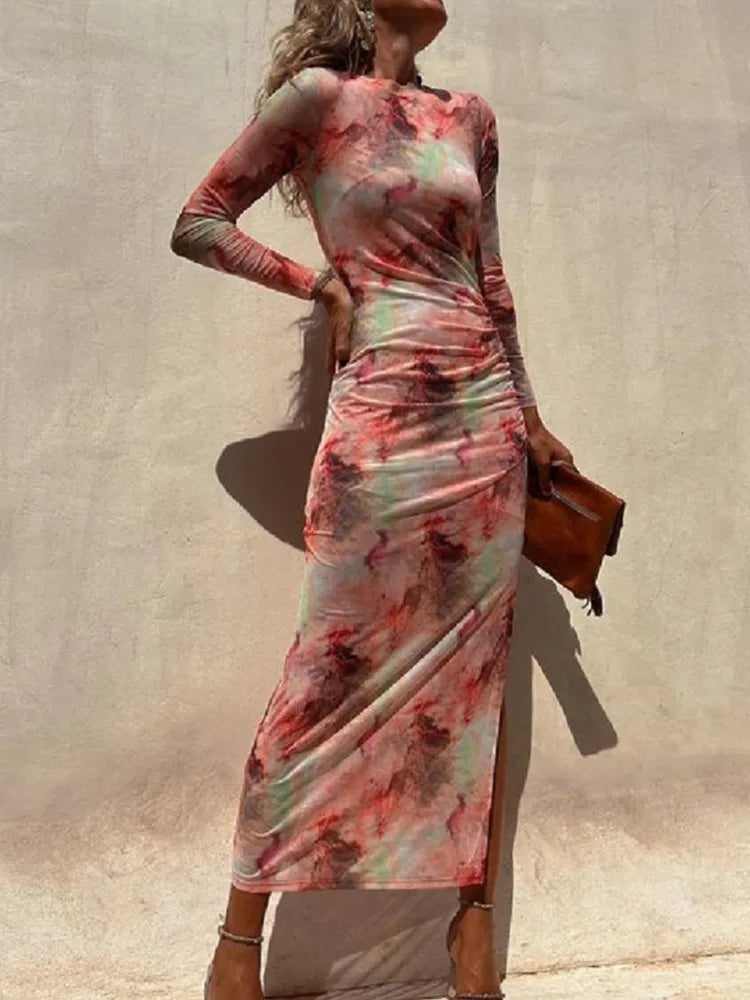 Women's Mesh Print Long Sleeve Midi Dress