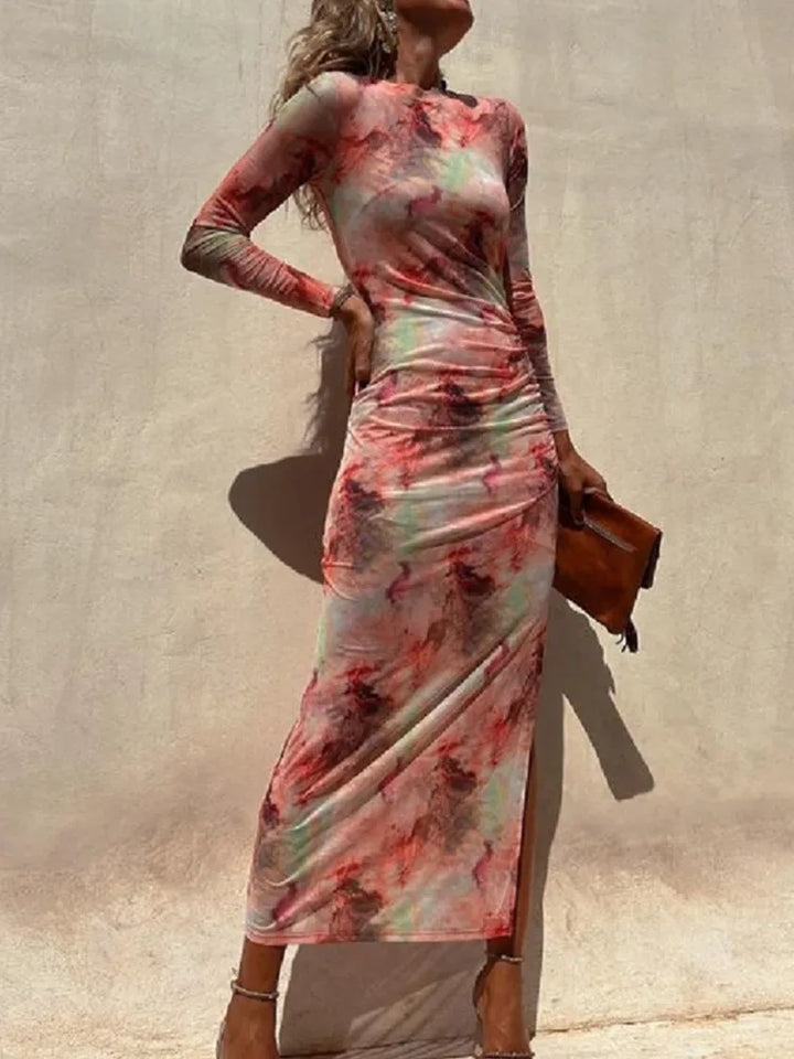 Women's Mesh Print Long Sleeve Midi Dress