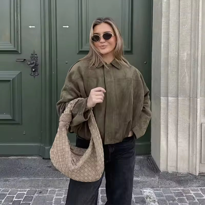 Women's Oversized Turn Down Collar Bomber Jacket