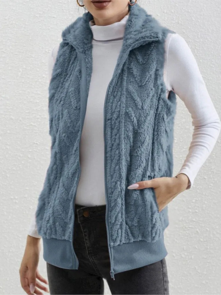 Women's Plush Zip Vest with Lapel Collar
