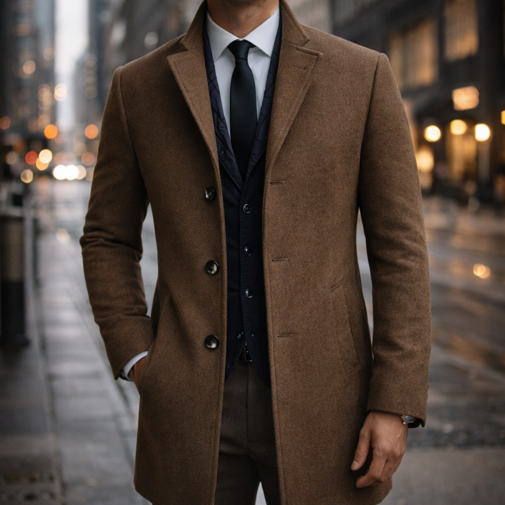 Men's Wool Overcoat Brown Button Front