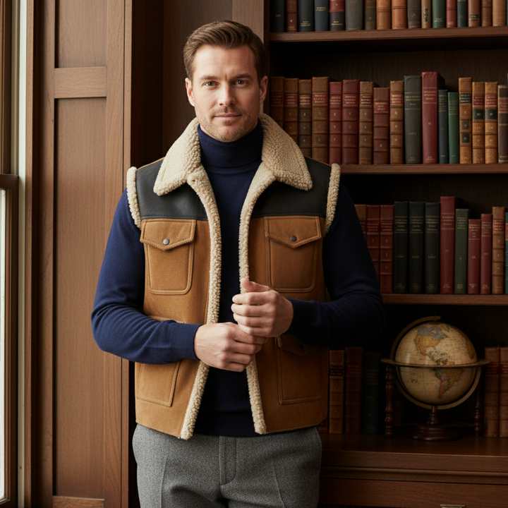 The Rhyl Men's Warm Retro Shearling Vest with Pockets