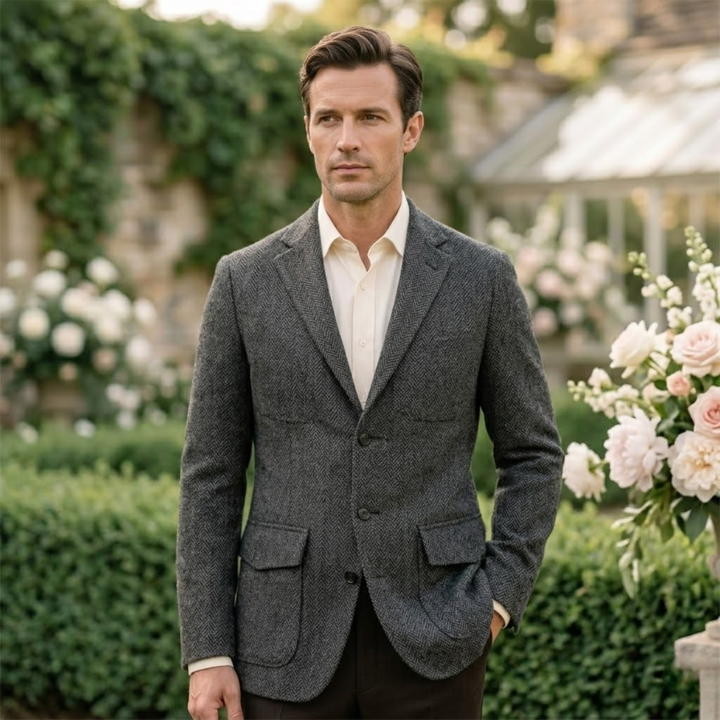 The Soveria Men’s Single Breasted Wool Herringbone Tweed Blazer - Wedding Guest