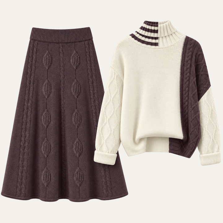 Women's Color Block Turtleneck Sweater & A Line Midi Skirt Set