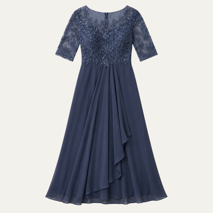 Midi Lace Dress with Sheer Elbow Sleeves