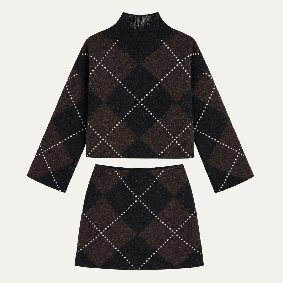 Women's Diamond Pattern Knit Sweater and Skirt Set
