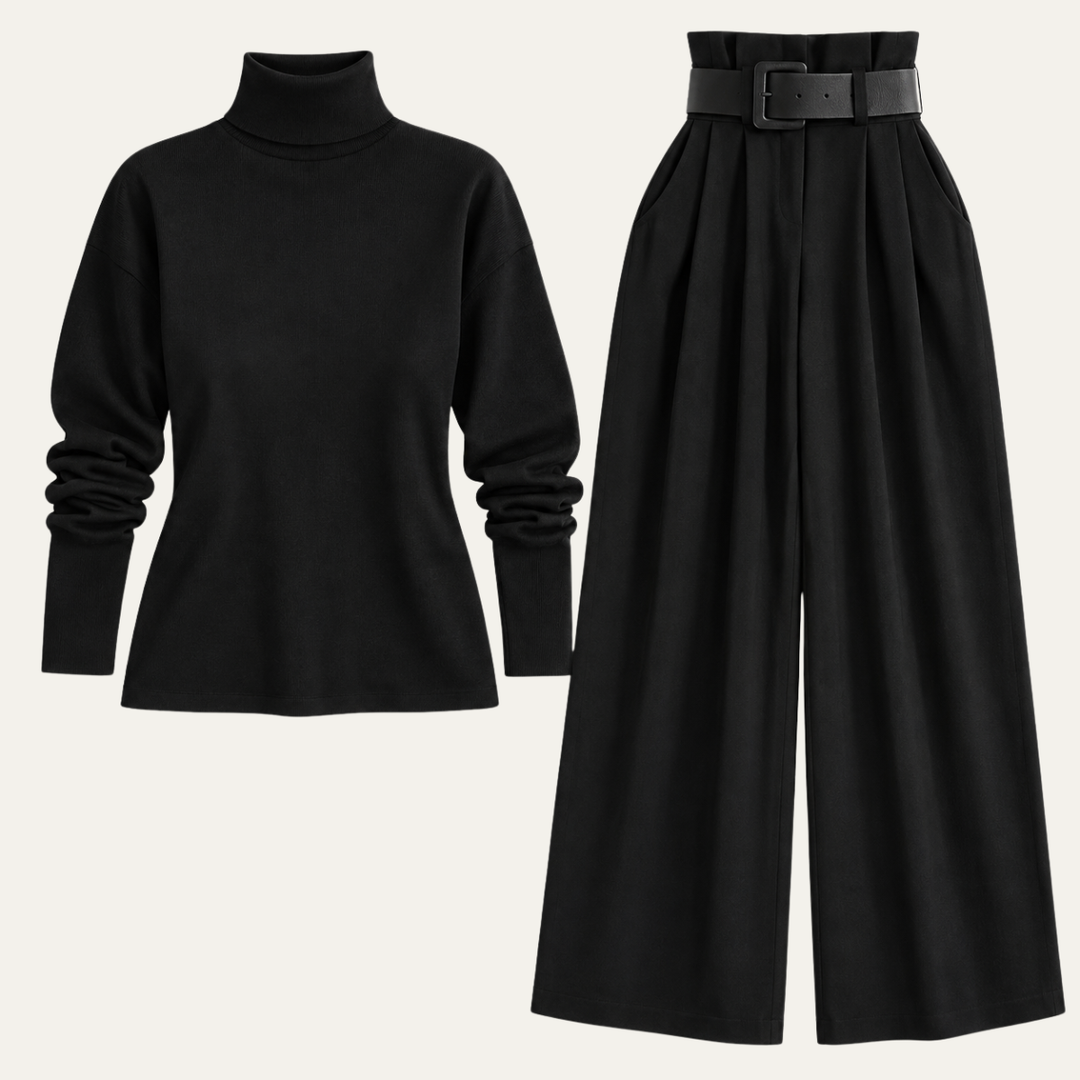 Women's Turtleneck Top and Belted Skirt Set