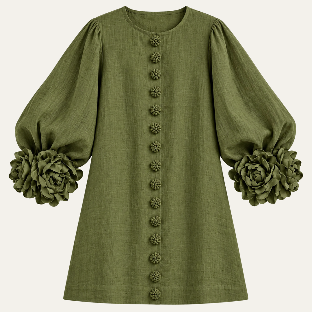 Women's Cotton Linen Mini Dress with Lantern Sleeves