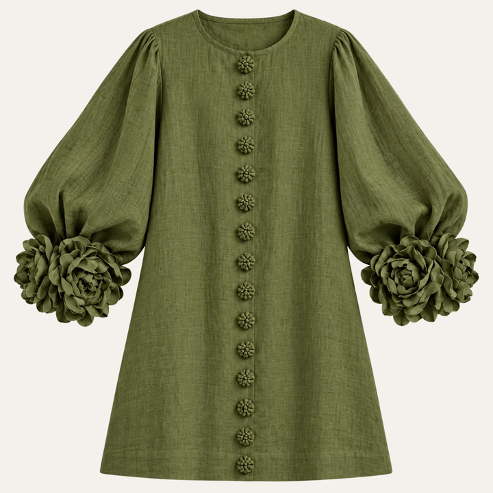 Women's Cotton Linen Mini Dress with Lantern Sleeves