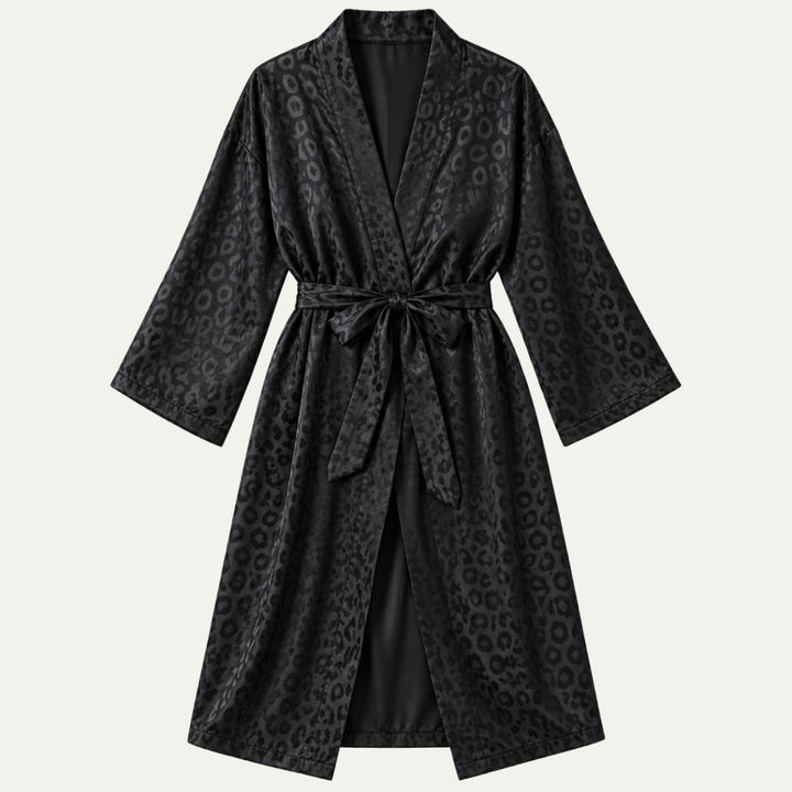 Women's Black Leopard Print Satin Bathrobe Belt
