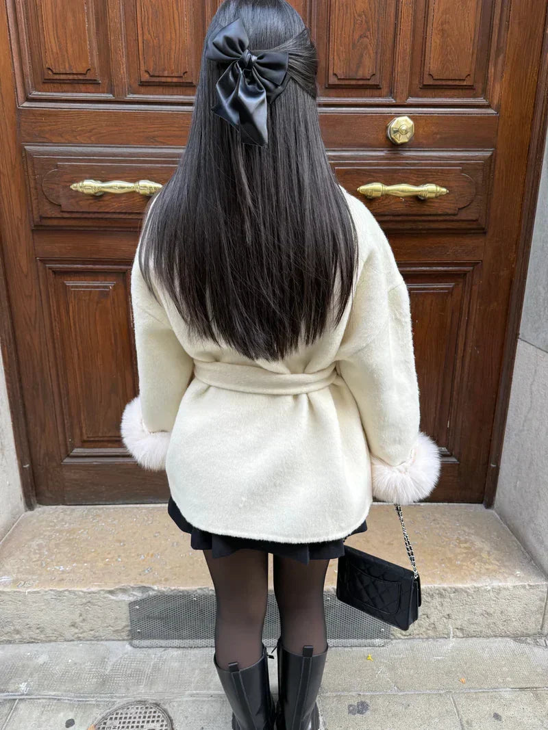 Women's Fur Cuff Wrap Coat – Elegant Belted Poncho Winter Jacket