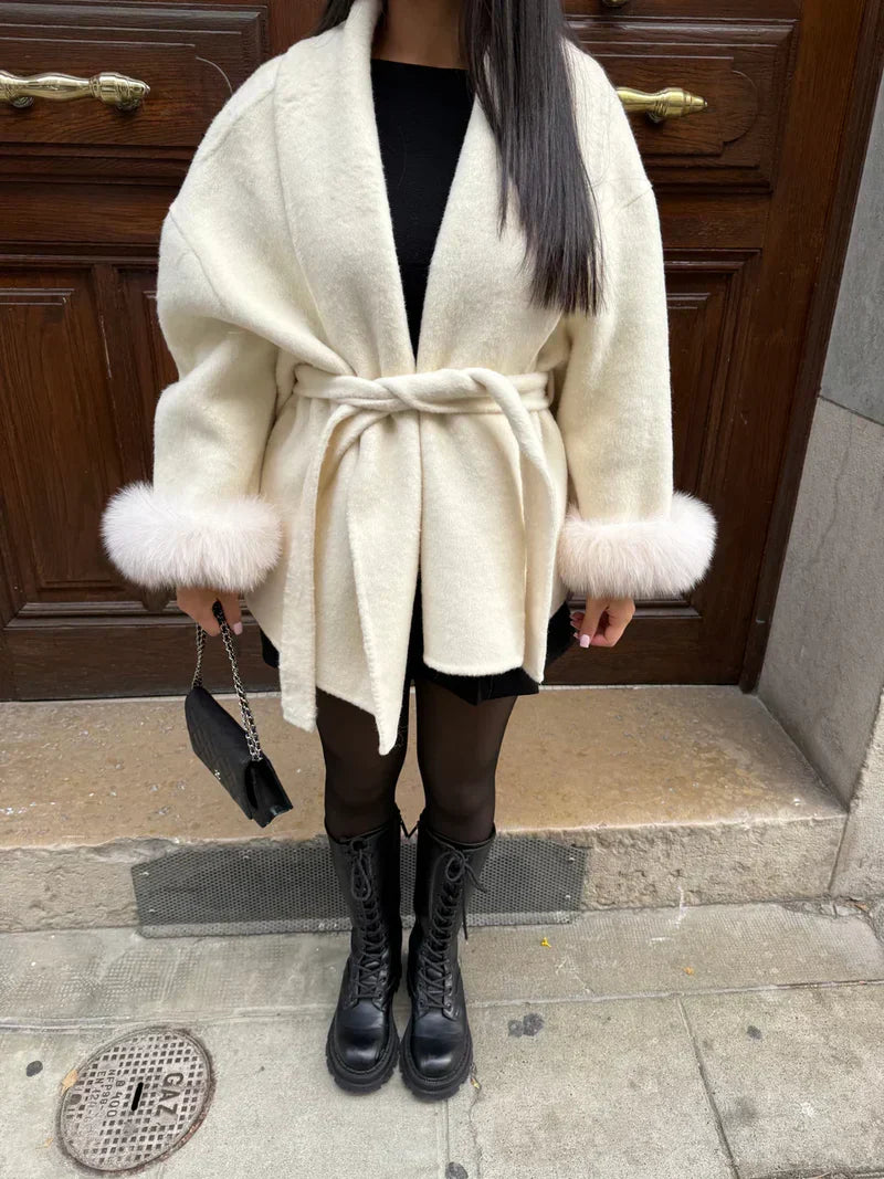 Women's Fur Cuff Wrap Coat – Elegant Belted Poncho Winter Jacket