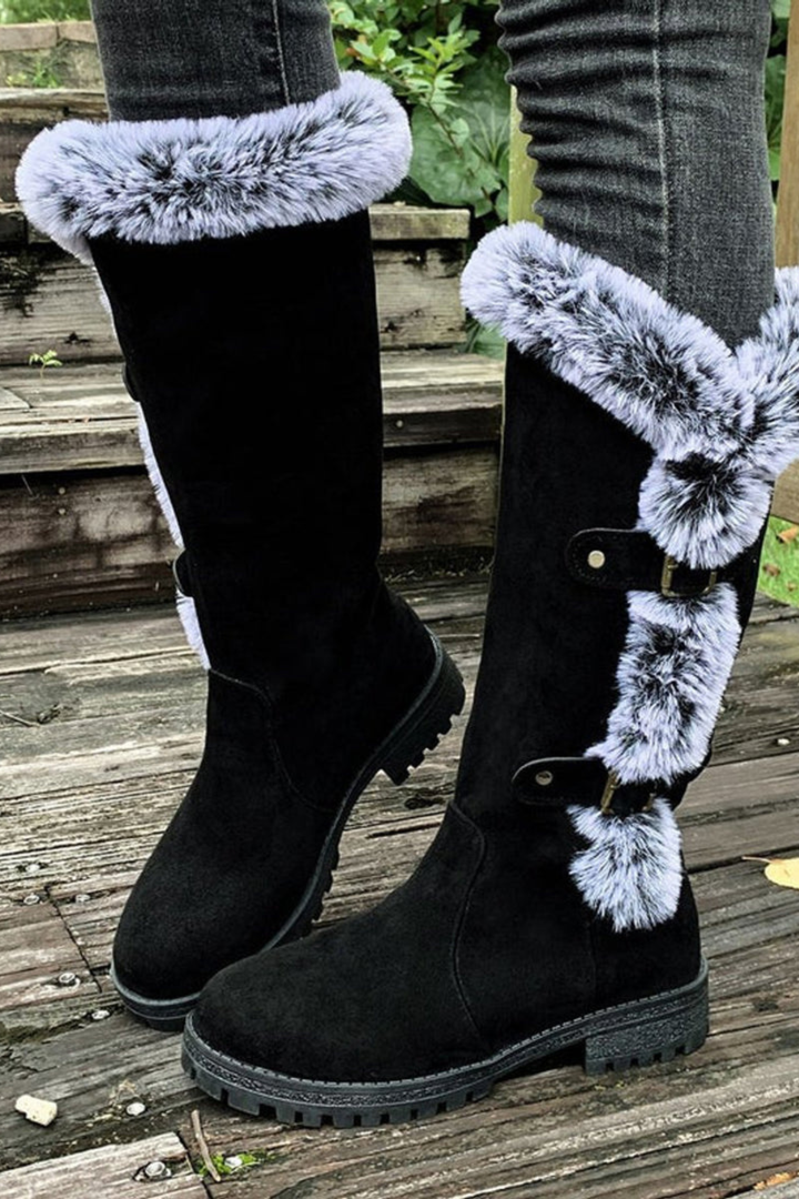 Women’s Faux Suede Winter Boots – Fur Lined Buckle Knee High Boots