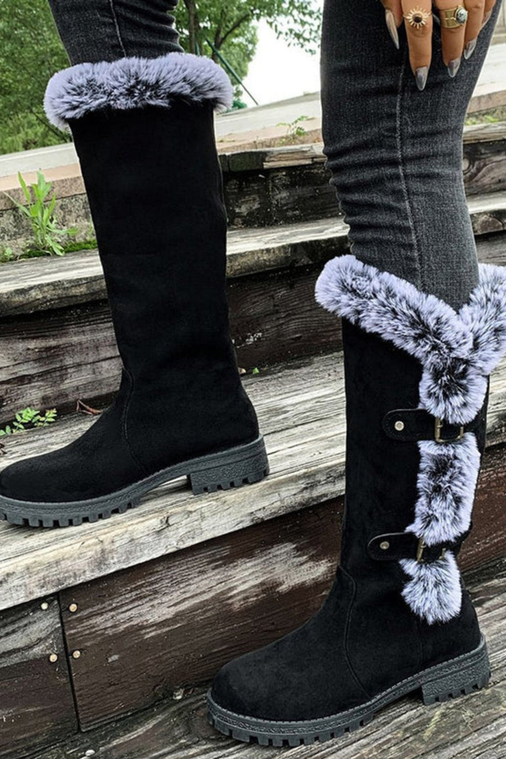 Women’s Faux Suede Winter Boots – Fur Lined Buckle Knee High Boots