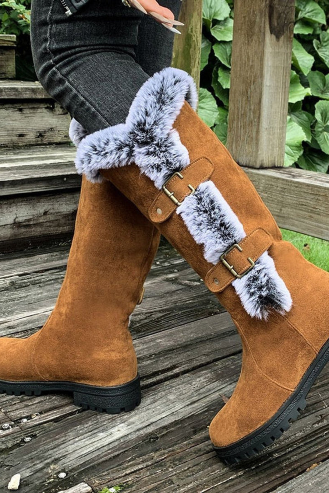 Women’s Faux Suede Winter Boots – Fur Lined Buckle Knee High Boots