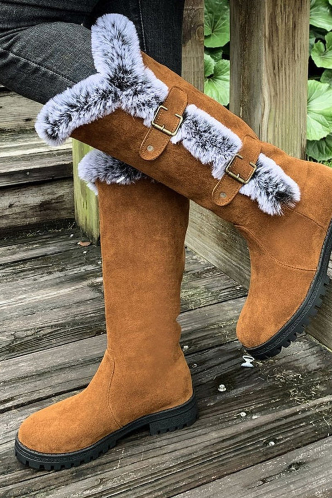 Women’s Faux Suede Winter Boots – Fur Lined Buckle Knee High Boots