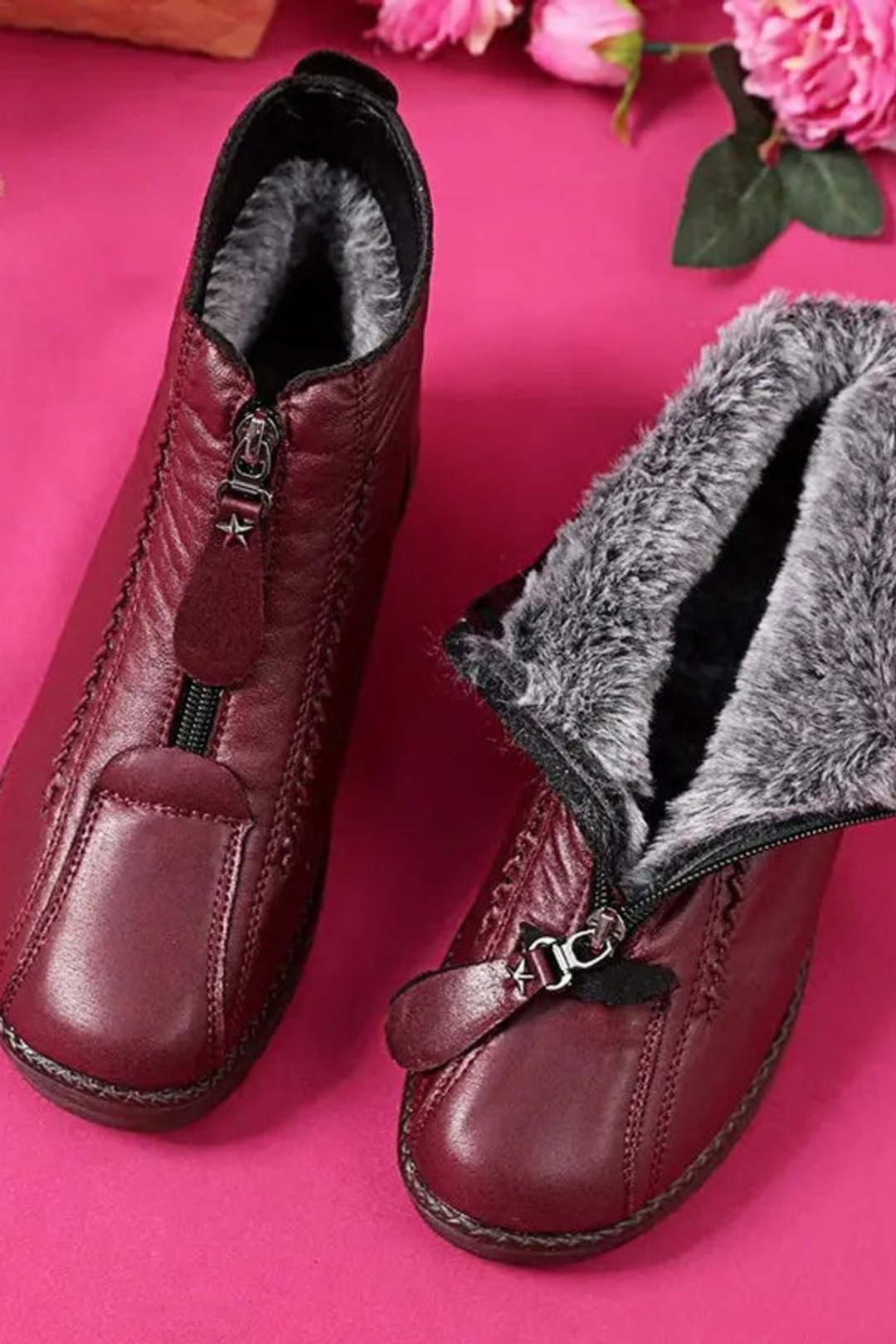 Women’s Leather Ankle Boots – Front Zip Low Heel Booties