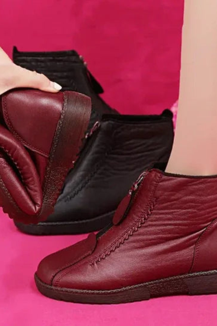 Women’s Leather Ankle Boots – Front Zip Low Heel Booties