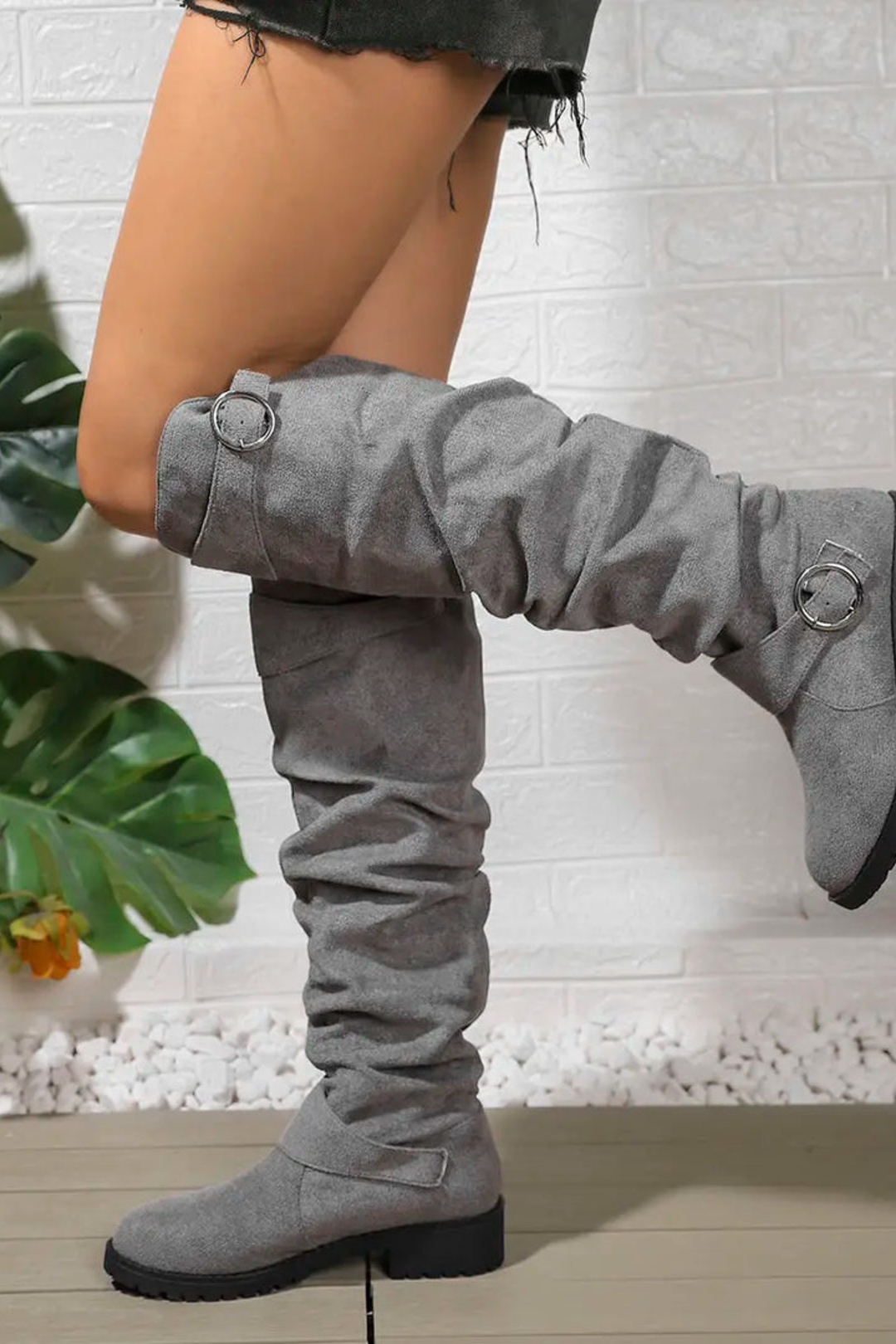 Women’s Slouchy Knee High Boots – Buckle Low Heel Boots