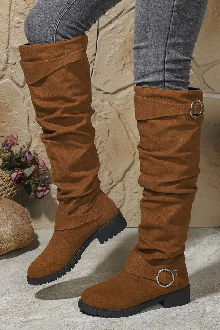 Women’s Slouchy Knee High Boots – Buckle Low Heel Boots